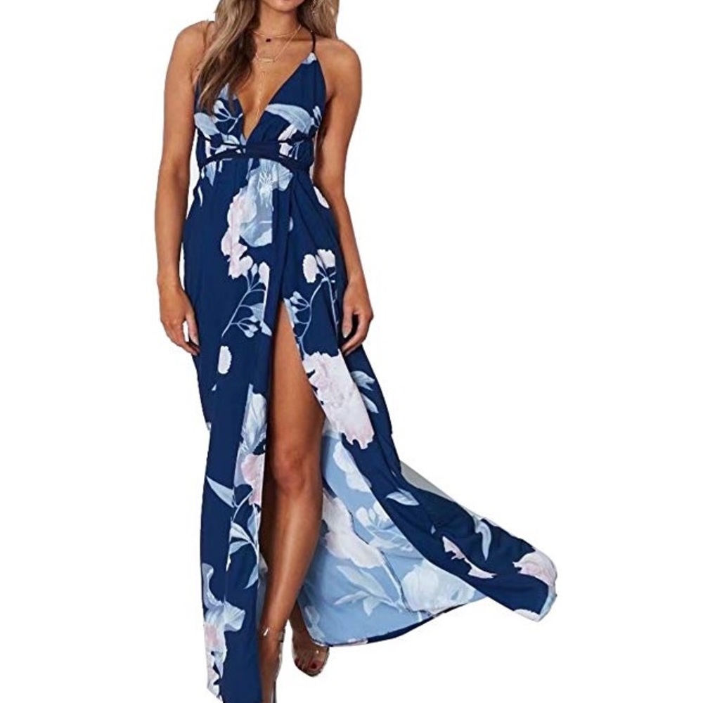 Elegant long dress with slit and open back.